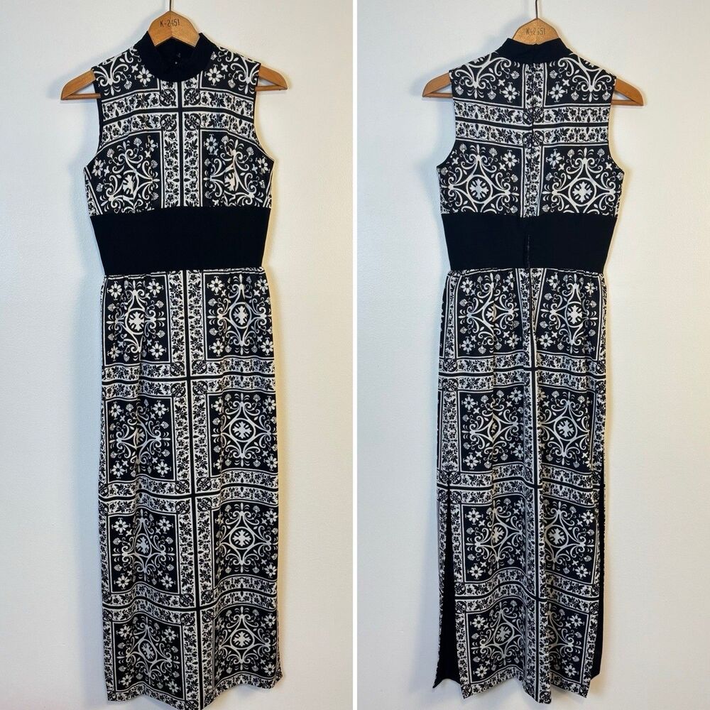 VTG 60s 70s Hostess Dress Mosaic Tile Geometric HIgh Open Side Slit Psychedelic